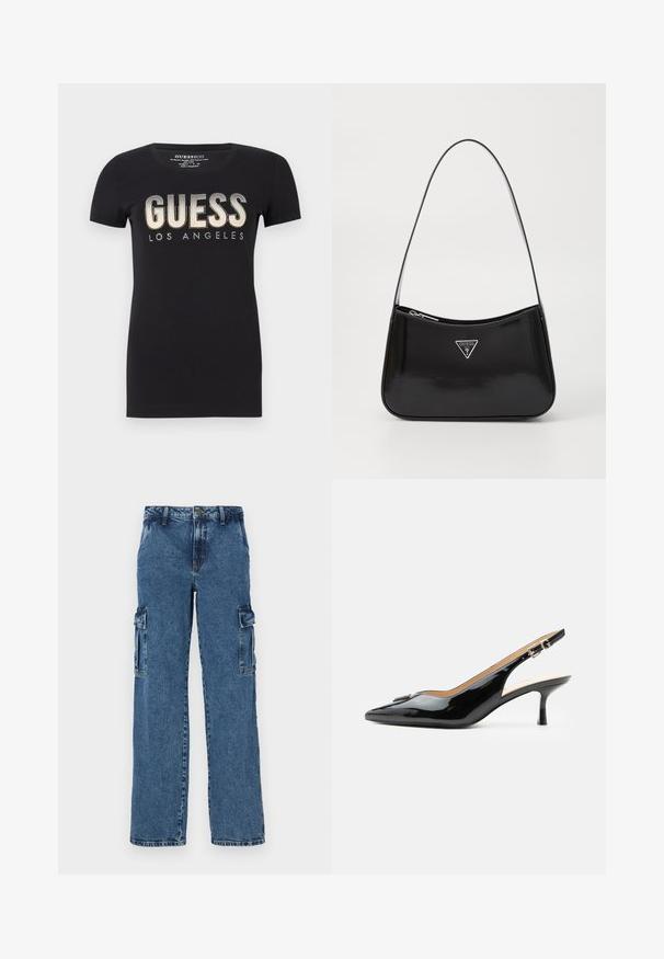 Schwarzes Baumwoll-T-Shirt mit rundem Ausschnitt und kurzen Ärmeln, mit einem glitzernden "GUESS LOS ANGELES" Logo in metallic Finish.; Blaue Denim-Cargohosen mit lockerer Passform, ausgestattet mit zwei Seitentaschen, verstärkten Nähten und einem geraden Bein-Design.; Schwarzer Pumps mit Riemchen aus Lackleder, spitz zulaufender Zehenpartie, kleinem Kitten-Heel und silberner Schnalle auf weißem Hintergrund.; Schwarze patentierte Leder-Schultertasche mit geschwungener Form, ausgestattet mit einem silbernen Dreieckslogo und einem Reißverschluss. Glatte Textur und schmaler Riemen.