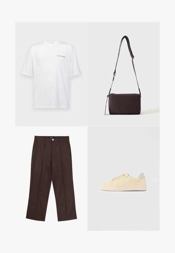 Hvid kortærmet t-shirt i bomuld med v-hals, med et sort "FILLING PIECES" logo trykt på venstre side.; Brune lige ben bukser med frontfolder, lommer i siden, bæltestropper og en mærke knaplukning i taljen.; Beige lavtop sneaker med snørelukning foran, lyserød sål og grå hællap med mærket "Filling Pieces", vist i profil på ensfarvet baggrund.; Mørkebrun textured læder crossbody taske med justerbar rem og lille dekorativ blå accent på siden.