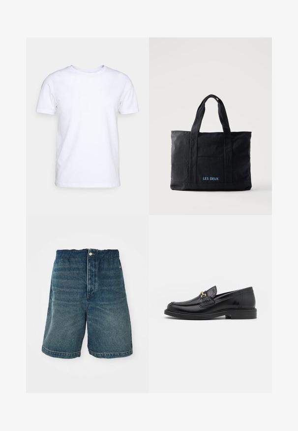Hvid kortærmet t-shirt i bomuldsstof med rund halsudskæring. Enkel design uden mønstre eller detaljer. Glat tekstur.; Mørkeblå denim shorts med løs pasform, der har en knaplukning og synlig syning langs kanten og lommerne.; Sorte læder loafers med en rund tå, der har guld hardware accent og syningsdetaljer, placeret på en lav, tekstureret gummisål.; Sort lærredstaske med to håndtag, forlomma og "LES DEUX" broderet i blåt på forlommen.