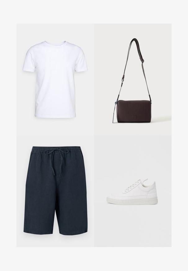 Hvid kortærmet t-shirt i bomuldsstof med rund halsudskæring. Enkel design uden mønstre eller detaljer. Glat tekstur.; Mørkeblå linnedshorts med elastisk talje og justerbar snor. Har sidelommer og en afslappet pasform.; Hvid lædersneaker med rundet tå, flad sål og snørebånd foran. Har syningsdetaljer og polstret krave for komfort.; Mørkebrun textured læder crossbody taske med justerbar rem og lille dekorativ blå accent på siden.