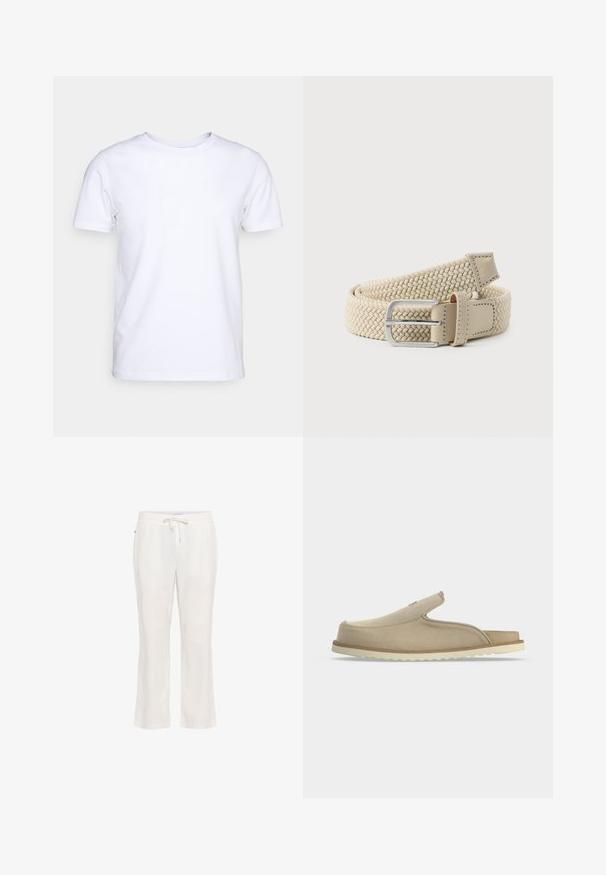 Hvid kortærmet t-shirt i bomuldsstof med rund halsudskæring. Enkel design uden mønstre eller detaljer. Glat tekstur.; Lettere, hvide linnedbukser med elastisk talje og snorbindning. Lige ben-design med en glat tekstur og uden bemærkelsesværdige mønstre.; Beige slip-on sandal med lukket tå, åben hæl, blødt ruskindsoverdel og hvid tekstureret gummisål, vist i sideprofil på hvid baggrund.; Beige vævet bælte krøllet sammen med sølvmetal spænde og beige læderkant på ensartet lys baggrund.
