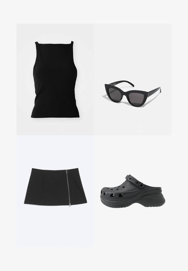 Sort ribbet tanktop med en tætsiddende silhuet, som har brede stropper og en cropped kant. Glat tekstur, enkelt design, ingen mønstre eller accenter.; Sort mininederdel med en sølv lynlås, der går diagonalt ned langs højre side, glat stof, let udvidet kant.; Sort klipklap med perforerede sidehuller, lavet af et letvægts plastmateriale. Har en bagrem og en struktureret sål.; Sorte cat-eye solbriller med mat finish, der har grå tonede linser, skarpe vinkler og slanke sidearme. Mærkenavnet er synligt på den indre arm.