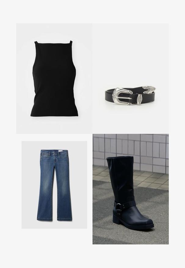 Sort ribbet tanktop med en tætsiddende silhuet, som har brede stropper og en cropped kant. Glat tekstur, enkelt design, ingen mønstre eller accenter.; Blå denim flared jeans med fem lommer, kobbernitter, subtilt slid, og et klassisk taljebånddesign. Lige skåret kant forneden.; Sort læderstøvle midt på læggen med lav blokhæle og en dekorativ rem med metal spænde rundt om anklen, på en flisebelagt fortov.; Sort læderbælte med en stor sølvmetalspænde, der har indviklede detaljer og dekorative accenter i begge ender.