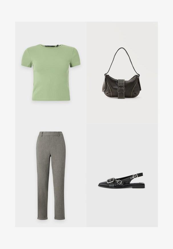 Svetlozelený rebrovaný krátky crop top s okrúhlym výstrihom a priliehavým strihom na bielom pozadí.; Sivé slim fit nohavice na mieru s pútkami na opasok a zavinutými lemami, vhodné na formálne alebo kancelárske nosenie.; Čierna kožená slingback obuv s špicatou špičkou, dvoma striebornými prackami a nízkym blokovým podpätkom. Má textúrovaný zvršok a otvorenú pätu.; Čierna kožená kabelka cez rameno s detailom prackového popruhu, zaoblenými okrajmi a kontrastným bielym prešívaním na jednoduchom pozadí.