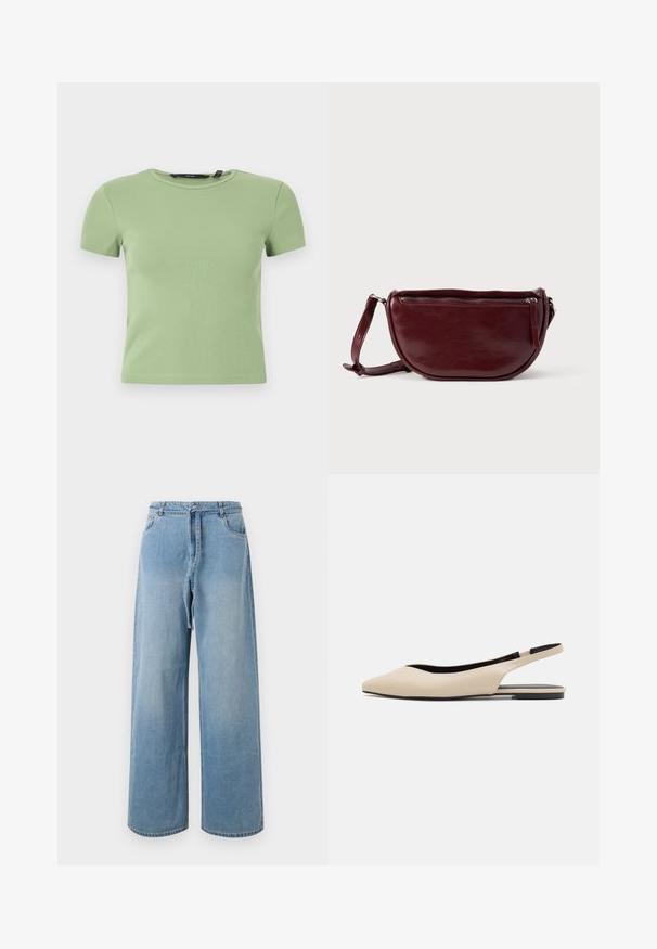 Lichtgroene geribbelde cropped top met korte mouwen, ronde halslijn en aansluitende pasvorm op witte achtergrond.; Lichtblauwe denim wijde pijpen jeans met een hoge taille, voorzien van voorzakken, een strikriem en een vervaagde textuur.; Beige leren slingback ballerina's met een spitse neus, minimalistisch ontwerp, gladde textuur en een lage zwarte zool.; Dieprode lederen handtas met een halve-maansvorm, een ritssluiting en een afneembare riem. Gladde textuur met een subtiele glans.