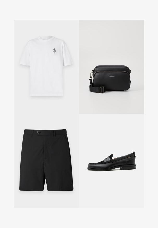Camiseta de algodón blanca con un corte relajado, con un pequeño logotipo gráfico negro en el área del pecho izquierdo. Mangas cortas, estilo cuello redondo.; Pantalones cortos negros de tejido ligero, con cierre de botón, dos bolsillos laterales y corte recto. Textura suave y diseño sencillo.; Mocasín de cuero negro con detalle de tira gris, tacón bajo y suela texturizada, con la marca "HUGO" en oro en el lateral.; Bolso bandolera de cuero negro con dos compartimentos con cremallera, acabado texturizado, correa ajustable y acentos de hardware en plata. Logo de Calvin Klein exhibido.