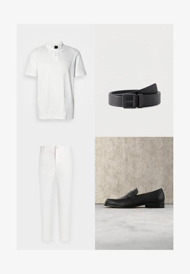 Polo blanc en coton avec un col classique, des manches courtes, une patte de boutonnage à trois boutons et un logo discret en relief sur la poitrine.; Pantalon blanc taille haute à jambes droites avec passants de ceinture, fermeture par bouton et braguette zippée sur un fond uni gris clair.; Mocassin en cuir noir flottant au-dessus d'un tapis beige avec une table ronde brune brillante en arrière-plan.; Ceinture en cuir noir avec motif de texte « HUGO » embossé et boucle noire mate, présentée enroulée sur fond blanc.