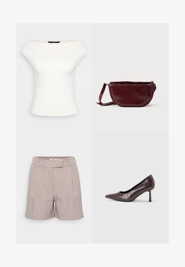 Hvid off-shoulder top, tætsiddende design, blødt strækstof, korte ærmer og en glat overflade uden synlige mønstre eller udsmykninger.; Lysegrå linnedshorts med en struktureret overflade, der har en flad front, bæltestropper og sidelommer. Skræddersyet pasform med knælængde.; Brune kunstlæder stiletter med spidse tæer og krokodilletekstur, der har en slank, vinklet hæl og en glat inderside.; Vinrød læderhåndtaske med halvmåneform, lynlås og aftagelig rem. Glat tekstur med en subtil glans.