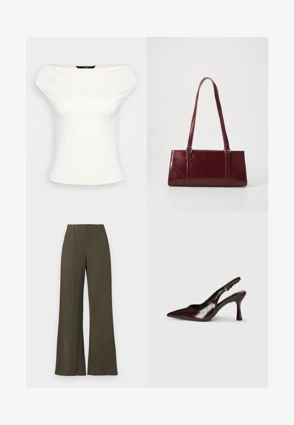 Hvid off-shoulder top, tætsiddende design, blødt strækstof, korte ærmer og en glat overflade uden synlige mønstre eller udsmykninger.; Olivenfarvede brede bukser med elastisk talje, glat stof og ingen lommer, med et rent, minimalistisk design.; Brune patenterede læderslingback-sandaletter med spids tå, en tynd hæl og justerbar rem med en lille spænde.; Bordeaux håndtaske lavet af glansfuldt materiale, rektangulær form, med to skulderremme og subtile buede detaljer på forsiden.