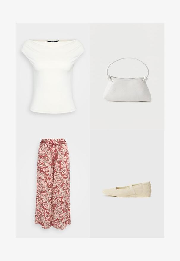 Hvid off-shoulder top, tætsiddende design, blødt strækstof, korte ærmer og en glat overflade uden synlige mønstre eller udsmykninger.; Vero Moda Petite VMBALI WIDE PANTS - Bukser - marsala; Lysebrune ballet flats med en glat læderoverflade, mandelformet tå og elastisk rem over vristen, med diskrete syninger.; Hvid fletlæderhåndtaske med afrundet håndtag og ender på remmen, der er knyttet, vist mod en ensfarvet baggrund.