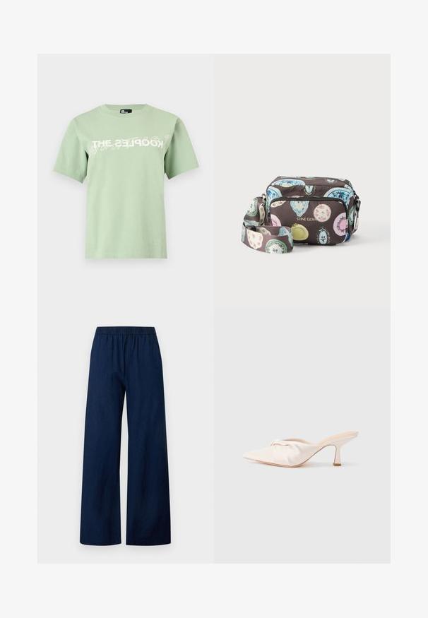 T-shirt vert clair à manches courtes avec col rond et texte blanc superposé "THE KOOPLES" sur la poitrine.; Pantalon bleu marine à jambes larges avec taille élastique et devant plat, en tissu léger.; Chaussure mule en tissu beige clair avec un design noué à l'avant, bout pointu et talon fin et effilé. Texture lisse dans l'ensemble.; Sac bandoulière avec motifs ovales colorés sur fond sombre, poche avant zippée et bandoulière réglable, marqué "STINE GOYA" en lettres dorées.