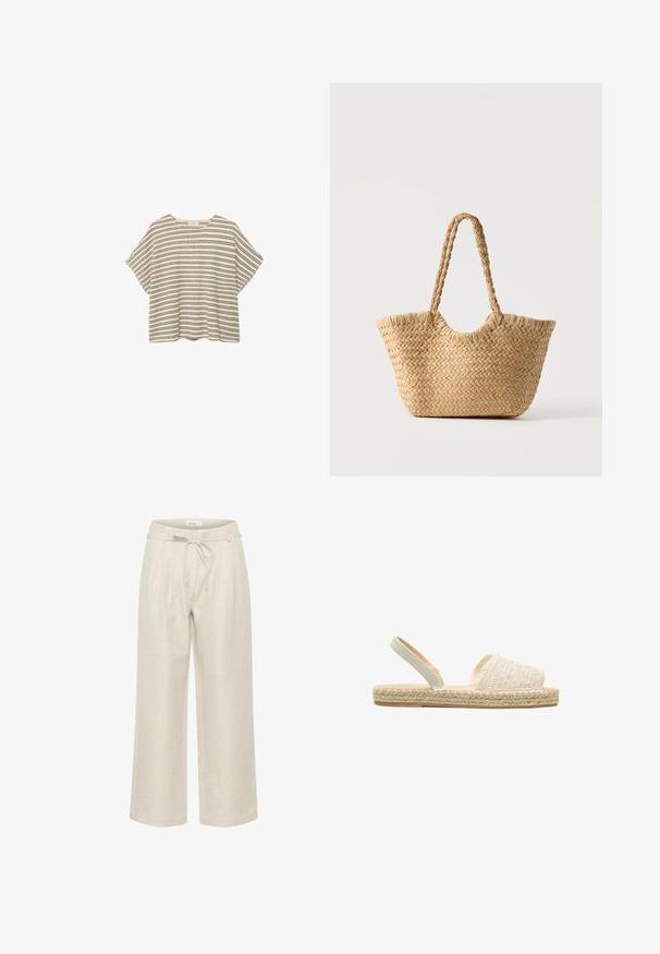 Beige strikbluse med korte ærmer med horisontale sorte striber og rund halsudskæring, vist på en hvid baggrund.; Beige linned brede bukser med elastisk talje og frontfolder, i en glat tekstur og ankellængde.; Beige espadrille sandal med flettet snoet sål, åben tå med broderet stof overdel og elastisk ankelrem.; Vævet stråtaske med bred bund, flettede håndtag og naturlig beige farve på ensfarvet hvid baggrund.