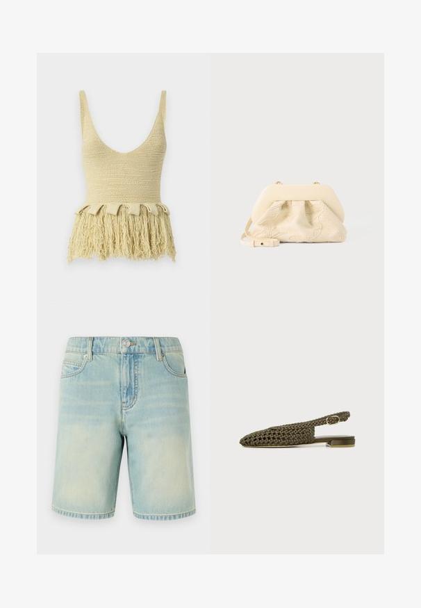 Nanushka ZULMA - Top - dusty yellow; Hellblaue Denim-Shorts mit einem verblassten Finish, ausgestattet mit einem Fünf-Taschen-Design, sichtbaren Nähten und einem Metallknopfverschluss am Bund.; Flacher olivgrüner gewebter Slingback-Schuh mit kleinem quadratischem Absatz und verstellbarem goldfarbenem Schnallenriemen.; Handtasche aus cremefarbenem Stoff mit floraler Stickerei, weichem, abgerundetem oberen Rahmen und verstellbarem Riemen, auf einem hellgrauen Hintergrund liegend.