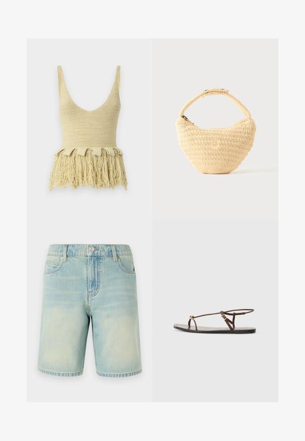 Nanushka ZULMA - Top - dusty yellow; Hellblaue Denim-Shorts mit einem verblassten Finish, ausgestattet mit einem Fünf-Taschen-Design, sichtbaren Nähten und einem Metallknopfverschluss am Bund.; Braune Leder-Sandale mit dünnen Riemen, einem goldenen, runden Akzent und einer flachen Sohle. Minimalistisches Design mit einem verstellbaren Schnallen-Detail.; Beige gewebte Handtasche mit rundem Körper, Reißverschluss und kurzem, dickem Riemen in einfachem, strukturiertem Häkelstil.