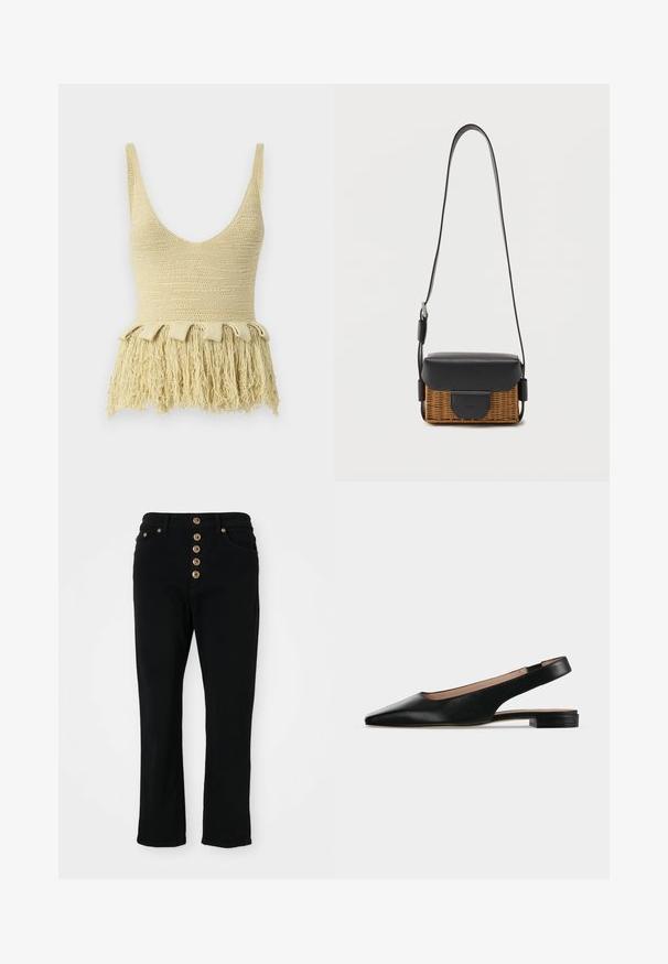 Nanushka ZULMA - Top - dusty yellow; Zwarte denim jeans met een aansluitende pasvorm, voorzien van een hoge taille en een sluiting met vijf knopen. Inclusief twee voortassen en goudkleurige accenten.; Zwarte leren slingback platte schoen met spitse neus en lage vierkante hak op een witte achtergrond.; Kleine rechthoekige crossbodytas met geweven bruine basis, zwarte leren klep en verstelbare band op witte achtergrond.