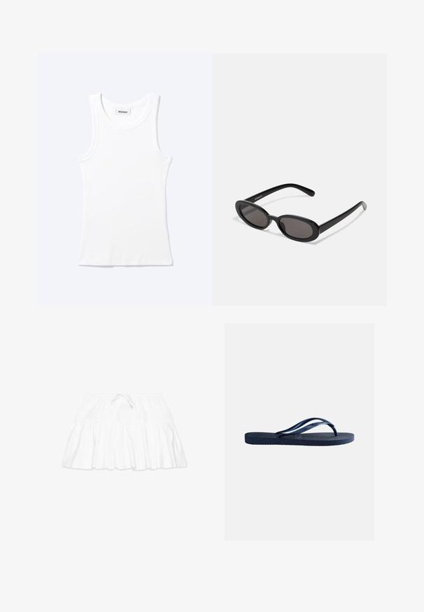 Camiseta sin mangas blanca con textura de canalé, cuello redondo y una pequeña etiqueta que dice "WEEKDAY" en el interior del cuello.; Falda blanca de algodón con cintura elástica y cordón. Presenta un diseño de volantes en capas y detalles texturizados a lo largo del cuerpo.; Chancla de goma azul marino con suela texturizada y tiras en forma de Y, aislada sobre fondo liso gris claro.; Even&Odd by Zalando Gafas de sol - black