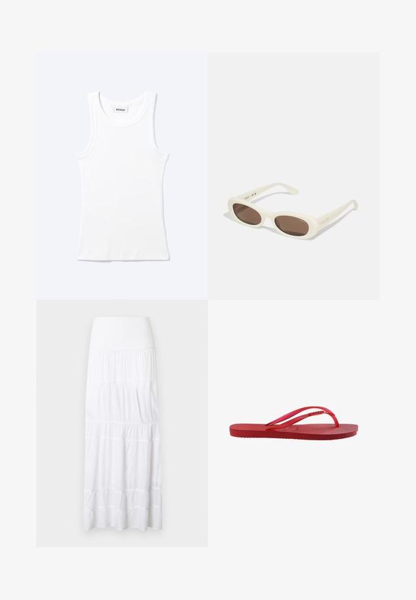 Débardeur blanc côtelé sans manches avec encolure ronde et une petite étiquette indiquant "WEEKDAY" à l'intérieur du col.; Jupe maxi blanche à volants, réalisée en tissu léger. Elle présente une ceinture élastique et une texture subtile avec des coutures horizontales.; Tongs en caoutchouc rouge avec semelle texturée et fines brides brillantes sur fond blanc.; Lunettes de soleil crème avec des verres en forme ovale, teintés de brun, dotées d'une finition brillante et d'un discret logo "Vogue" sur le côté.