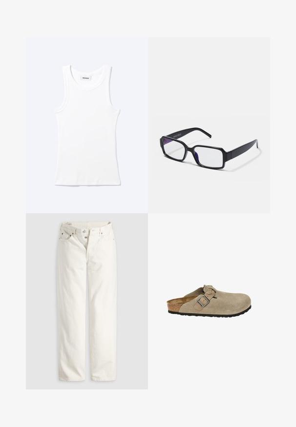 Camiseta sin mangas blanca con textura de canalé, cuello redondo y una pequeña etiqueta que dice "WEEKDAY" en el interior del cuello.; Vaqueros blancos de talle alto con pierna recta, cremallera de botones, bolsillos delanteros y traseros, y remaches de cobre visibles en las esquinas de los bolsillos.; Zuecos de ante beige con punta redondeada, correa ajustable y hebilla, media suela de corcho y suela de goma negra texturizada para mayor tracción.; Gafas de montura rectangular negra con lentes transparentes. Presenta un tinte púrpura distintivo en los bordes interiores y un acabado de plástico suave.