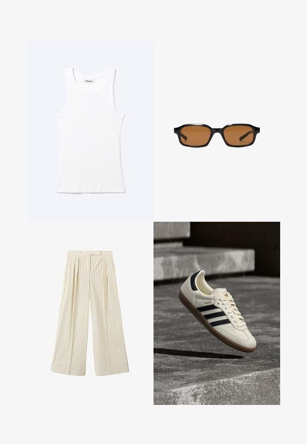 Débardeur blanc côtelé sans manches avec encolure ronde et une petite étiquette indiquant "WEEKDAY" à l'intérieur du col.; Pantalon taille haute à jambes larges avec des rayures verticales vertes sur tissu crème, présentant des plis à l'avant et une ceinture avec passants.; Baskets blanches Adidas Samba avec des bandes noires et une semelle en gomme, flottant au-dessus de marches en béton gris texturé.; Lunettes de soleil rectangulaires noires avec des montures épaisses et des verres teintés marron, vues de face sur un fond blanc.