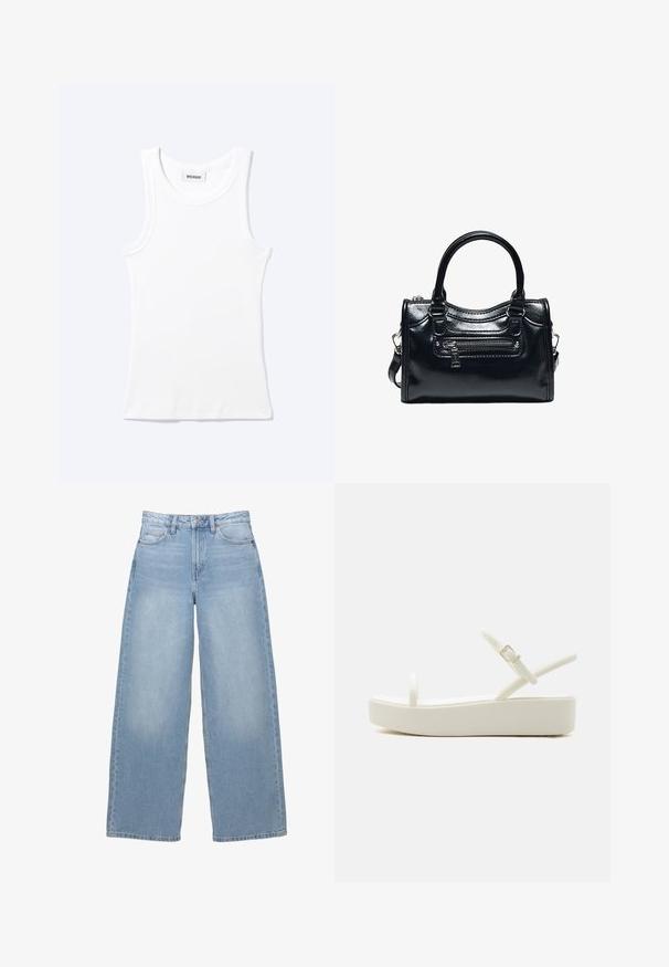 Hvid ærmeløs ribstrikket top med rund halsudskæring og en lille label med teksten "WEEKDAY" indeni kraven.; Lysblå, brede jeans lavet af denim. Har høj talje, forlommer og knaplukning. Glat tekstur med diskret udtoning.; Hvid platåsandal med tynde stropper, én over tæerne og én med justerbar spænde omkring anklen, på en ensfarvet baggrund.; Sort skinnende læderhåndtaske med to håndtag, lynlåslomme foran og aftagelig skulderrem på hvid baggrund.