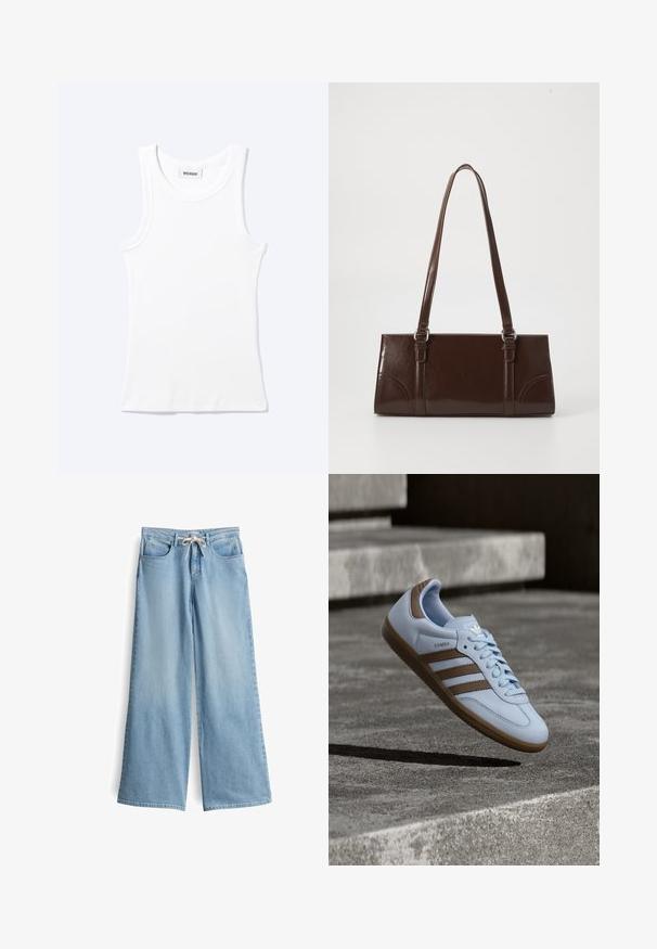 Weißes ärmelloses geripptes Tanktop mit rundem Ausschnitt und einem kleinen Etikett mit der Aufschrift "WEEKDAY" innen im Kragen.; Helle blaue, weit geschnittene Jeans aus Denim. Mit höherem Bund, Gürtelschlaufen, zwei Vorderaschen und einem Zugverschluss.; Hellblauer Sneaker mit braunen Wildlederakzenten, drei seitlichen Streifen, flachen Schnürsenkeln und einer strukturierten Gummisohle. Markenlogo auf der Zunge.; Braune Lackleder-Handtasche in rechteckiger Form, mit zwei langen Griffen und subtilen, geschwungenen Akzenten auf der Vorderseite.