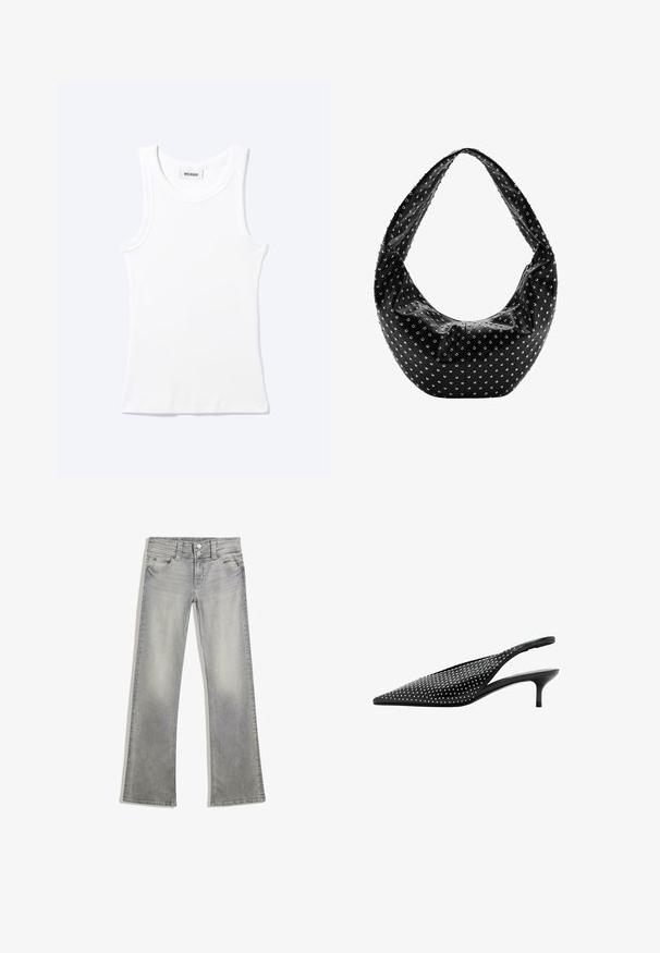 Wit mouwloos geribd tanktopje met ronde hals en een klein label met daarop "WEEKDAY" aan de binnenkant van de kraag.; Grijze denim flared jeans met een vervaagde afwerking, voorzien van een knoopsluiting, vijf zakken en gestikte details langs de tailleband en zoom.; Zwarte slingback pump met spits toelopende neus, lage kittenheel en zilveren studs die het bovenwerk bedekken.; Zwarte leren handtas met een nonchalante vorm, versierd met zilveren studs en een brede schouderband. Gladde textuur met een geplooid ontwerp.