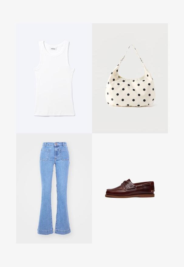 Wit mouwloos geribd tanktopje met ronde hals en een klein label met daarop "WEEKDAY" aan de binnenkant van de kraag.; Lichtblauwe high waist spijkerbroek met frontpockets en uitlopende pijpen tegen een effen witte achtergrond.; Bruine leren boot schoen met veters, stiksel details en Timberland-logo aan de zijkant, weergegeven op een witte achtergrond.; Crèmekleurige stoffen handtas met zwarte polkadots en een enkele schouderriem, getoond tegen een effen witte achtergrond.
