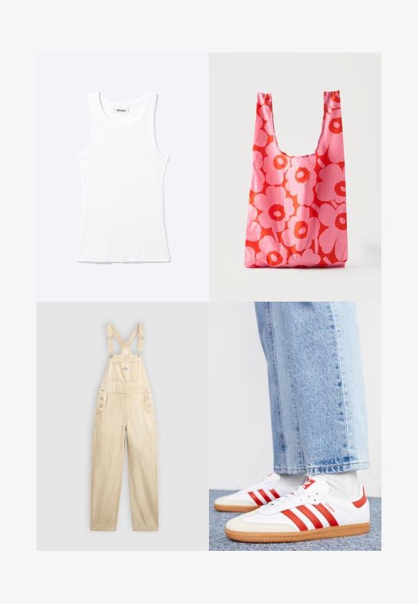 Hvid ærmeløs ribstrikket top med rund halsudskæring og en lille label med teksten "WEEKDAY" indeni kraven.; Lys beige overalls lavet af denim, med en firkantet lomme, justerbare stropper, trykknapper i siden og bred benudskæring.; Hvide lædersneakers med røde striber og accenter. Har en tekstureret gummisål og polstret krave. Bæres med lyseblå denim.; Genanvendelig indkøbspose med et lyst pink og rødt blomstermønster, der står oprejst på en almindelig hvid baggrund.