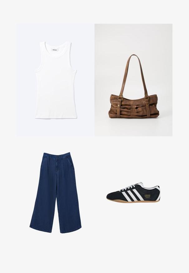 Weißes ärmelloses geripptes Tanktop mit rundem Ausschnitt und einem kleinen Etikett mit der Aufschrift "WEEKDAY" innen im Kragen.; Weite Jeanshose in Dunkelblau. Sie verfügt über zwei Fronttaschen, einen Knopfverschluss und hat eine glatte Textur mit einem leichten Stoff.; Schwarze Wildledersneaker mit drei weißen Streifen, goldenem Logo und brauner Gummisohle. Merkmale ein niedrigprofiliertes Schnürdesign.; Even&Odd Handtasche - brown