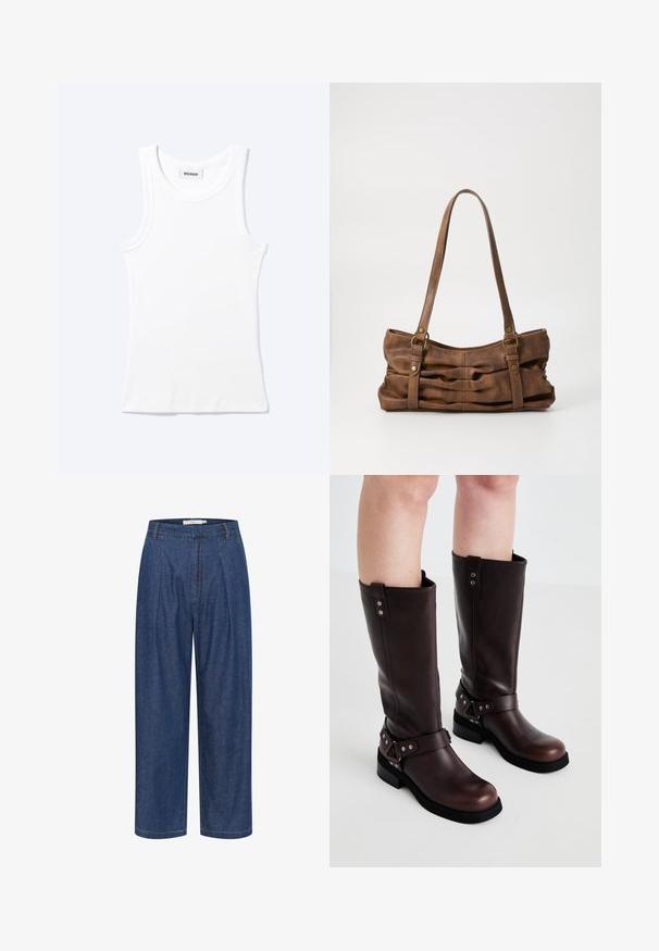 Camiseta sin mangas blanca con textura de canalé, cuello redondo y una pequeña etiqueta que dice "WEEKDAY" en el interior del cuello.; Pantalones de mezclilla azul de pierna ancha y cintura alta, con pliegues delanteros, trabillas para cinturón y cierre de cremallera oculto.; Botas de cuero marrón hasta la rodilla con una textura suave, que cuentan con una correa ancha y detalles de hardware triangulares, suelas de goma planas.; Even&Odd Bolso de mano - brown