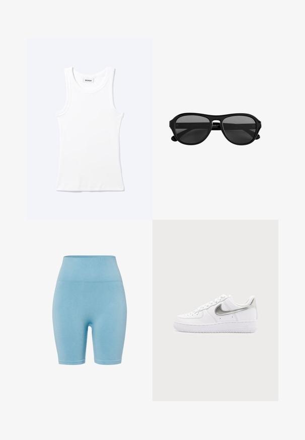 Camiseta sin mangas blanca con textura de canalé, cuello redondo y una pequeña etiqueta que dice "WEEKDAY" en el interior del cuello.; Pantalones cortos de canalé azul claro con una cinturilla alta, que cuentan con una textura suave y una silueta ajustada, ideales para el uso activo o casual.; Zapatilla blanca de corte bajo con el logo Nike en plata metálica y cordones blancos sobre un fondo gris claro liso.; Gafas de sol con montura de plástico negra, lentes tintadas oscuras y puente estrecho, mostradas de frente sobre un fondo blanco.