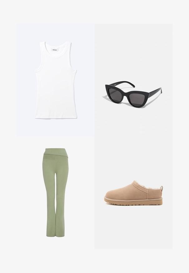 Camiseta sin mangas blanca con textura de canalé, cuello redondo y una pequeña etiqueta que dice "WEEKDAY" en el interior del cuello.; Pantalones ajustados verdes con una cinturilla ancha y un diseño de pierna acampanada. Textura de tela suave, diseñados para la comodidad y flexibilidad.; Zapatilla beige sin cordones con exterior de ante suave, forro de peluche blanco y suela de goma con dibujo antideslizante, mostrada en perfil lateral.; Gafas de sol negras en forma de ojo de gato con un acabado mate, que presentan lentes ahumados grises, ángulos pronunciados y brazos laterales elegantes. Nombre de la marca visible en el interior del brazo.