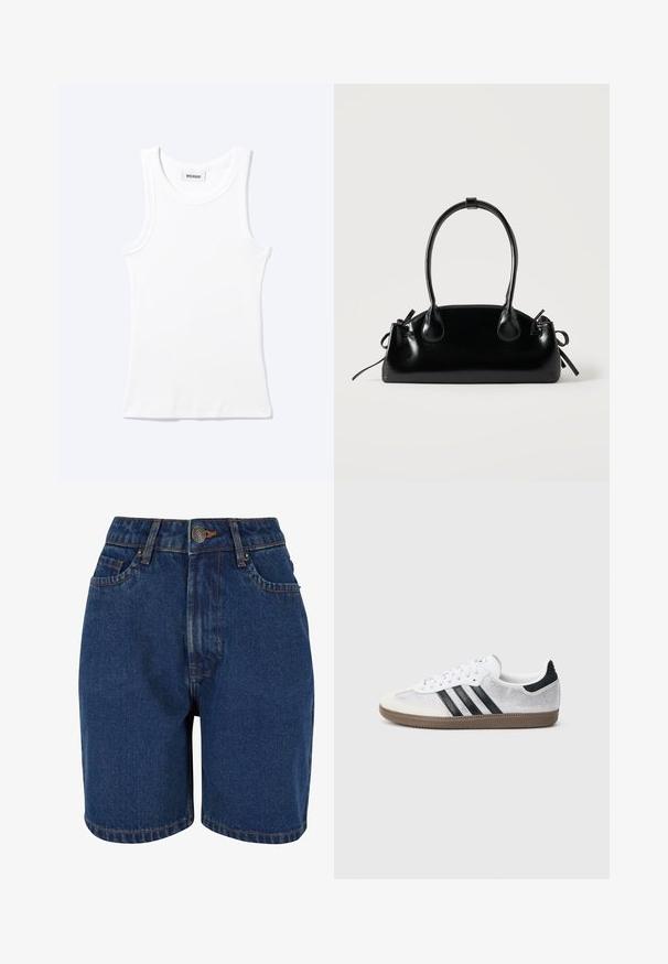 Camiseta sin mangas blanca con textura de canalé, cuello redondo y una pequeña etiqueta que dice "WEEKDAY" en el interior del cuello.; Shorts de denim en color azul oscuro, con cintura alta, diseño de cinco bolsillos y costuras en contraste de color naranja. La tela parece texturada.; Zapatilla blanca de malla con rayas negras, puntera y detalle en el talón de ante beige, suela de goma texturizada y cordones blancos. Diseño clásico de corte bajo.; Pequeño bolso negro brillante con dos asas largas y detalles de cordón lateral sobre un fondo claro liso.