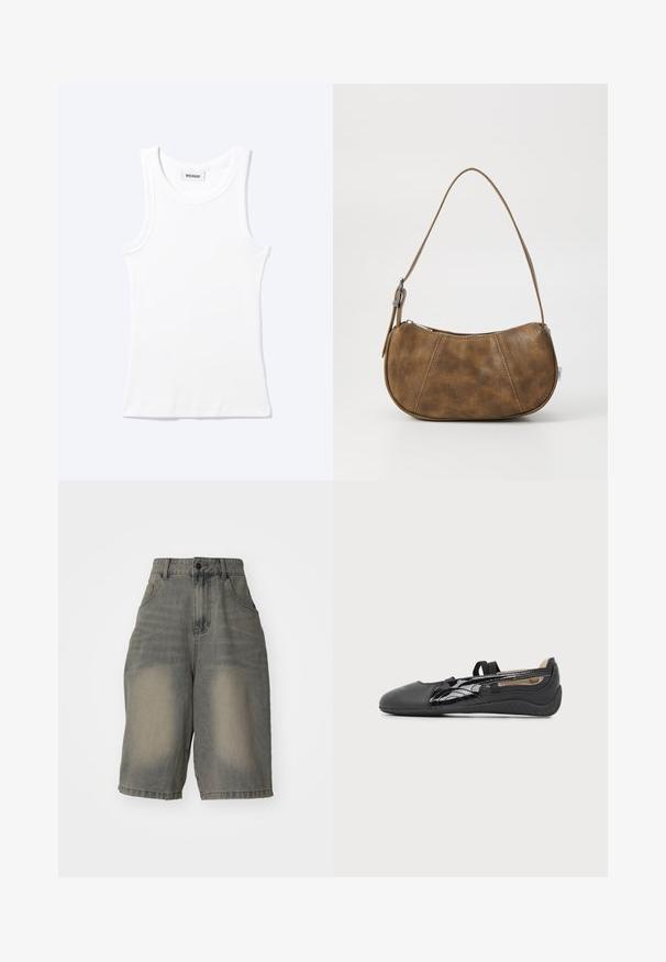 Hvid ærmeløs ribstrikket top med rund halsudskæring og en lille label med teksten "WEEKDAY" indeni kraven.; Jaded London LIGHT WASH JUMBO JORTS - Denimshorts - light wash; Sort slip-on flad sko med elastisk rem, glat tå og blank side detaljer, vist i sideprofil på neutral baggrund.; Brun faux læder skuldertaske med en buet form, en enkelt strop, kontrasterende syninger og en lynlåslukning langs den øverste kant.