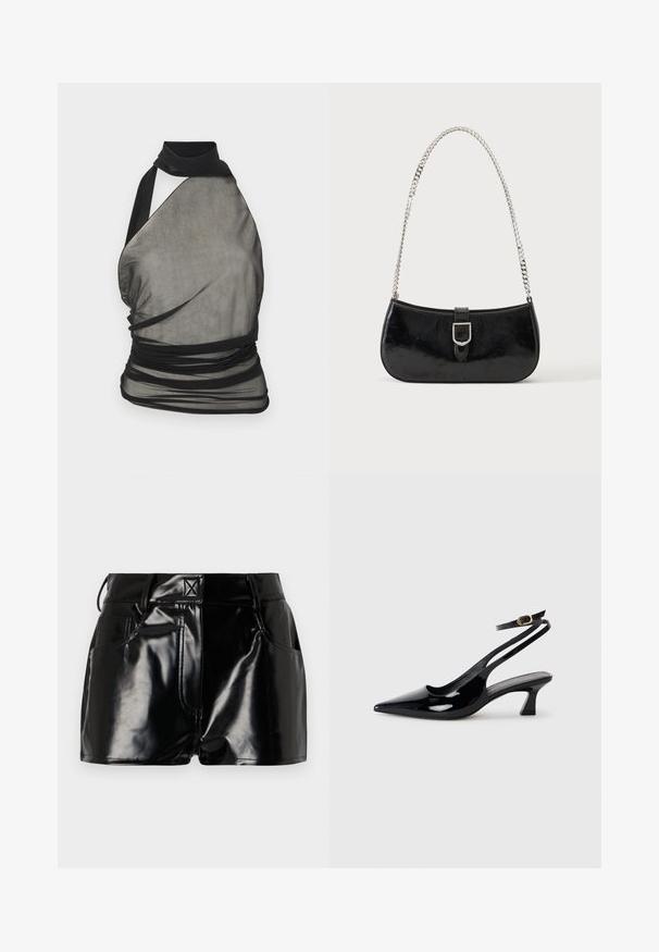 Ludovic de Saint Sernin Top - black; Sorte, blanke shorts lavet af syntetisk materiale. Har en tætsiddende talje, bælteslaufer og forlommer med fremtrædende stikninger.; Sorte patenterede læderslingbacks med spidse tæer, lav blokhælt og justerbar ankelrem med guldspænde.; Sort skuldertaske i laklæder med sølv spænde og sølv kæderem, vist mod en ensartet lys baggrund.