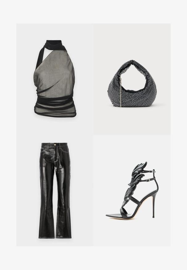 Ludovic de Saint Sernin Débardeur - black; Pantalon noir taille haute évasé en matériau brillant avec des coutures blanches contrastantes et une fermeture éclair à l'avant. Comprend deux poches avant.; Sandale noire à talon haut avec des éléments décoratifs brillants en forme d'aile et des doubles brides de cheville avec des boucles argentées.; Sac à main en maille noire orné de clous en argent, avec une poignée incurvée et une bandoulière en chaîne. Texture douce avec une forme arrondie.