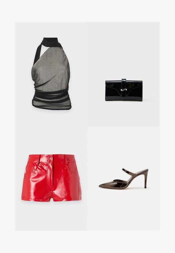 Ludovic de Saint Sernin Top - black; Røde faux læder shorts med en blank finish, der har høj talje, forlommer og syningsdetaljer. Struktureret, tætsiddende design.; Skinnende mørkebrune mule med spids tå og høje hæle med en tynd rem over foden på en ensfarvet hvid baggrund.; Sort blank rektangulær pung med forreste rem og sølvfarvet metalspænde, sat mod en ensfarvet hvid baggrund.