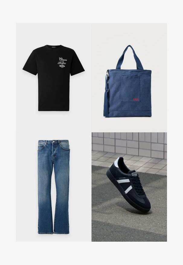 Zwarte katoenen t-shirt met korte mouwen, voorzien van een witte "Chrome and Leather" grafiek op de linkerkant van de borst en de merknaam "REPLAY."; Lichtblauwe denim jeans met een rechte pijpontwerp, voorzien van vijf zakken, een knoopsluiting en subtiele vervagingen op de stof.; Zwarte leren sneaker met witte strepen, een gestructureerde rubberen zool en vetersluiting aan de voorkant. Voorzien van een merklabel op de tong.; Blauwe canvas tas met voorvak en rode "O.N.S" borduring, voorzien van dubbele handvatten en een verstelbare schouderriem.