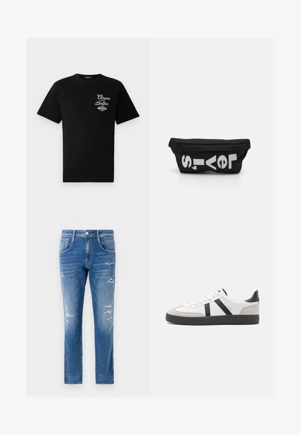 Schwarzes Baumwoll-T-Shirt mit kurzen Ärmeln, das auf der linken Brust ein weißes "Chrome and Leather"-Grafikdesign und den Markennamen "REPLAY" zeigt.; Denim-Jeans in einer hellblauen Wäsche mit regulärer Passform. Mit abgenutzten Details und subtilen Auswaschungen in der Nähe der Taschen und Knie.; Weiße Sneaker mit schwarz- und grau-aczenten, ausgestattet mit einer strukturierten grauen Zehenkappe, schwarzer Gummi-Sohle und flachen weißen Schnürsenkeln. Sauberes Design, minimalistische Stil.; Schwarze Stofftasche mit flacher Form, mit fettgedrucktem weißen Text. Der Reißverschluss befindet sich oben, mit einer Schlaufe an einer Seite.