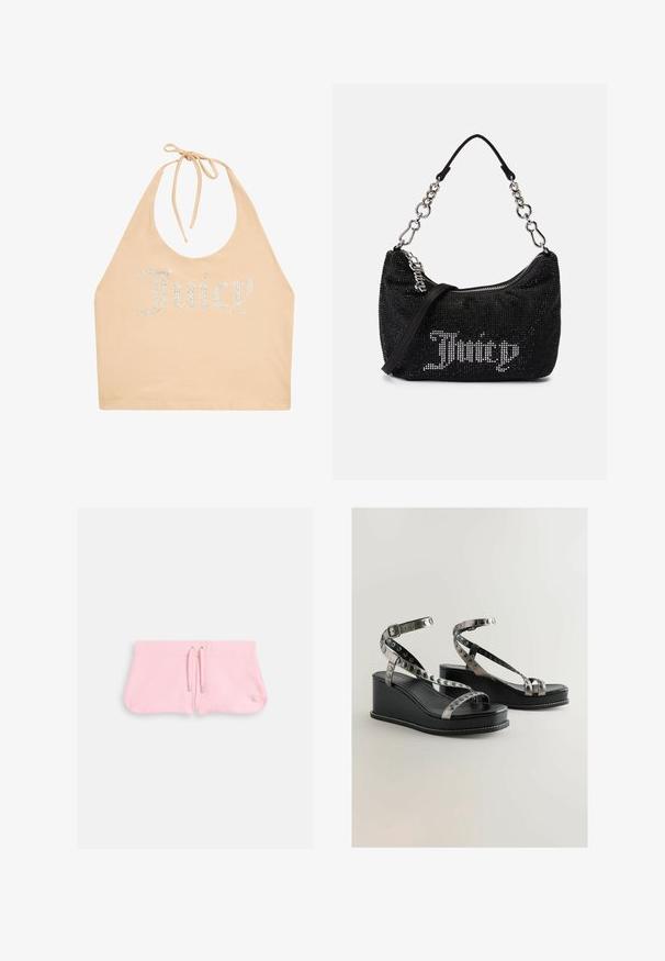 Licht beige haltertop van zachte stof met een ronde halslijn, versierd met rhinestones die "Juicy" aan de voorkant spellen.; Roze shorts van zachte stof, met een koord met zilverkleurige tips en een klein geborduurd logo in de rechterbenedenhoek.; Zwarte wedge-sandalen met metallic banden en cirkelvormige uitsparingen. Gladleren afwerking met een witte stiksel-details.; Zwarte tas met rhinestone versieringen, een gebogen vorm en een zilveren kettinghandvat. Voorzien van een rits en het "Juicy" logo in het wit.