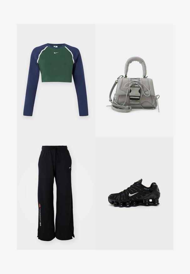 Sudadera corta de manga larga con frente verde oscuro, mangas azul marino, ribete blanco y logo de Nike en blanco en el pecho.; Pantalones deportivos negros de algodón, con cinturilla ajustable mediante cordón, aberturas en los costados del dobladillo y texto en contraste en naranja y blanco en una pierna.; Zapatilla deportiva negra Nike con logo Swoosh plateado, parte superior de malla y material sintético, y suela acolchada segmentada distintiva.; Bolso de mano texturizado en gris que presenta un asa acolchada, acentos de malla, correa ajustable y un cierre frontal. Diseño compacto con forma redondeada.