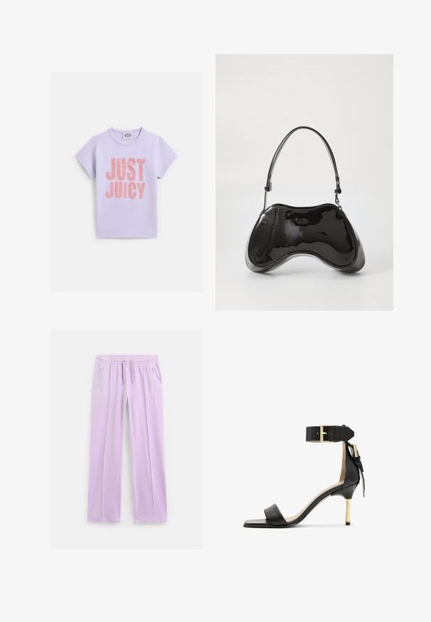 Lila katoenen T-shirt met korte mouwen, met grote metallic roze tekst "JUST JUICY" op de voorkant. Standaard ronde hals ontwerp.; Lichtpaarse sweatpants met rechte pijpen, een elastische tailleband, verstelbare trekkoorden en ritszakken aan de zijkanten.; Zwarte leren sandalen met hak en vierkante neus, enkelband met een gouden gesp en een slanke metalen hak. Soepele textuur, minimalistisch ontwerp.; Zwarte gepatenteerde leren handtas met een unieke gebogen vorm, korte verstelbare handgreep en een ritsopening. Glad uiterlijk met subtiele branding.