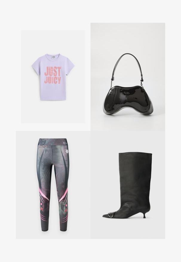 Lyserød bomuld t-shirt med korte ærmer, med stor metallisk pink tekst "JUST JUICY" på forsiden. Standard rund halsudskæring.; Tætsiddende leggings i mørkegrå med et prikket mønster, der har pink grafiske detaljer og en høj talje.; Sort læder ankelstøvle med spidse tå, lille hæl og metallisk detalje på tæerne. Glat, mat overflade hele vejen igennem.; Sort patentlæder håndtaske med en unik buet form, kort justerbar hank og en lynlåslukning i toppen. Glat tekstur med diskret branding.