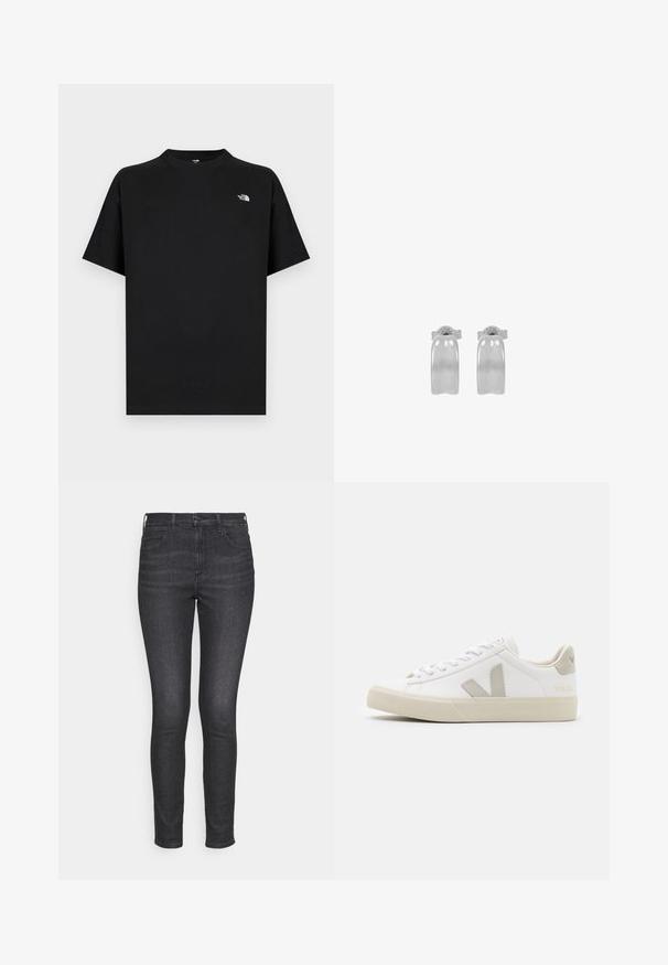 T-shirt noir à manches courtes en coton avec un col rond. Présente un petit logo blanc sur la poitrine gauche et une coupe standard.; Wrangler HIGH SKINNY - Jeans Skinny - wicked; Baskets blanches en cuir avec des accents gris en forme de V, semelle en caoutchouc texturé, lacets blancs, et languette et col rembourrés.; Paire de boucles d’oreilles créoles en argent poli avec surface lisse légèrement incurvée et fermoirs papillon, présentées sur fond blanc.