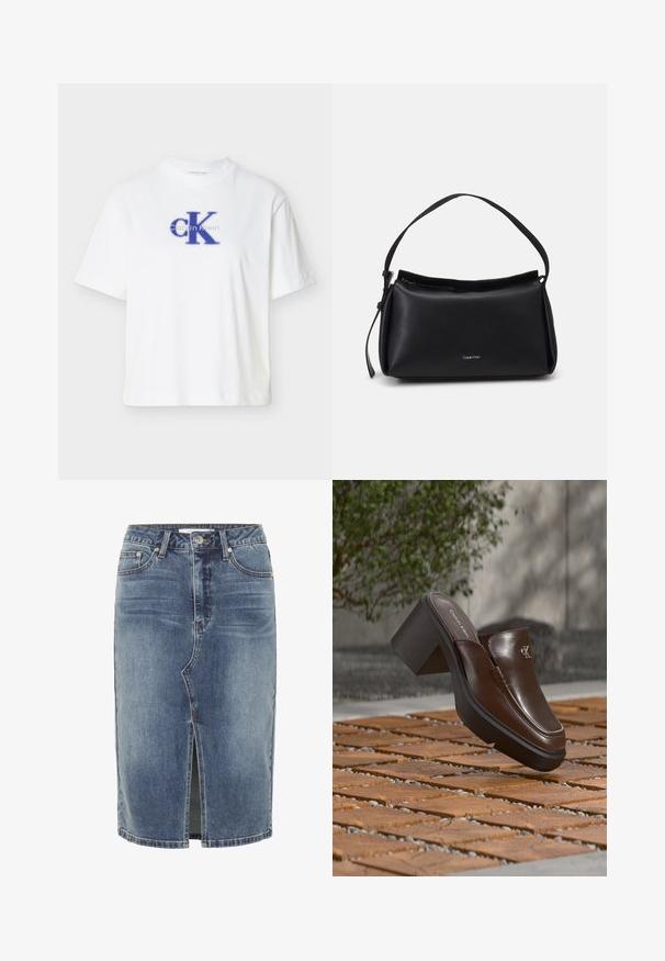 Hvid kortærmet T-shirt lavet af bomuld med rund halsudskæring, med en blå "CK"-logo og tekst i kontrasterende blå tryk.; Blå denim nederdel i knælængde med central slids foran, fem-lomme design og knaplukning i taljen.; Brun læder Calvin Klein hæl mule svævende over trægulv med en sløret grøn plante og væg baggrund.; Sorte læderhåndtaske med en buet form, en enkelt skulderrem og lynlås lukning øverst. Har et diskret logo på fronten til branding.
