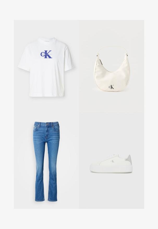 Hvid kortærmet T-shirt lavet af bomuld med rund halsudskæring, med en blå "CK"-logo og tekst i kontrasterende blå tryk.; Blå denim flared jeans med en mellemhøj talje, der har et klassisk fem-lomme design og en subtil affadet tekstur ved knæene.; Hvide lærredssneakers med en tyk hvid sål, prydet med en metallic sølvaccent på hælen og en diskret logo-detalje på siden.; Lille hvid halvmåneformet håndtaske med kort rem, lynlås og sort "cK"-logo foran.