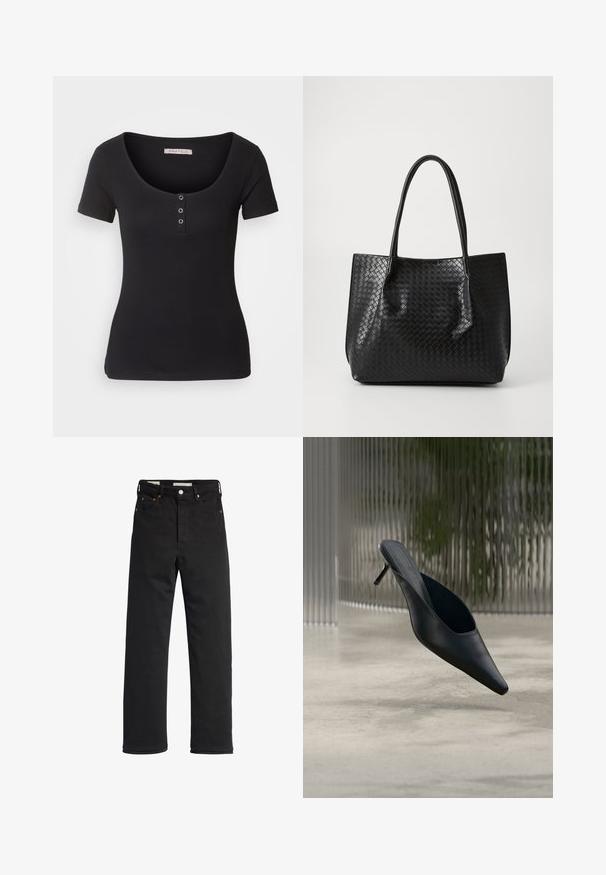 Schwarzes, geripptes T-Shirt mit kurzen Ärmeln und weit ausgeschnittenem Rundhalsausschnitt. Mit drei silbernen Knopfakzenten vorne. Weicher Stoff.; Schwarze Denim-Jeans mit geradem Bein, hoher Taille, fünf Taschen, Metallknopfverschluss und minimalen Stitching-Details.; Schwarzer spitzer Mule-Schuh mit dünnem hohen Absatz, der über einem glatten Betonboden schwebt, mit einem unscharfen vertikal gestreiften Hintergrund.; Schwarze geflochtene Ledertasche mit zwei Griffen, strukturierte Form und subtiler glänzender Oberfläche vor einem schlichten hellen Hintergrund.