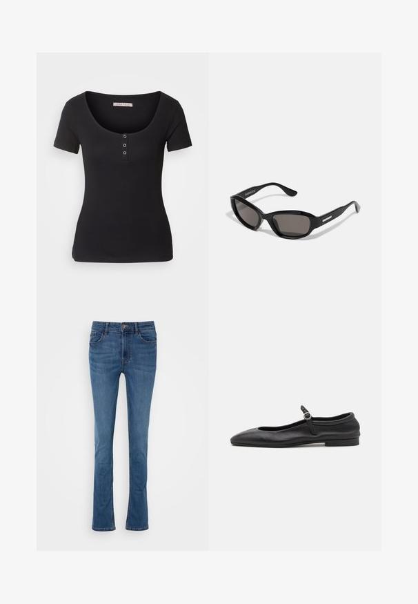 Sort ribbet t-shirt med korte ærmer og en bred rund halsudskæring. Har tre sølvknapdetaljer foran. Blød tekstur.; Blå denim flared jeans med fem lommer, bæltestropper og en lynlås foran. Har en glat tekstur og let falmende.; Sorte læder balletflade med en rund tå, smal vamp og en lille ankelrem med en cirkulær spænde. Lav, flad sål.; Sorte solbriller med rektangulært stel, mørke linser, glat plastmateriale og en metalaccent på templet.