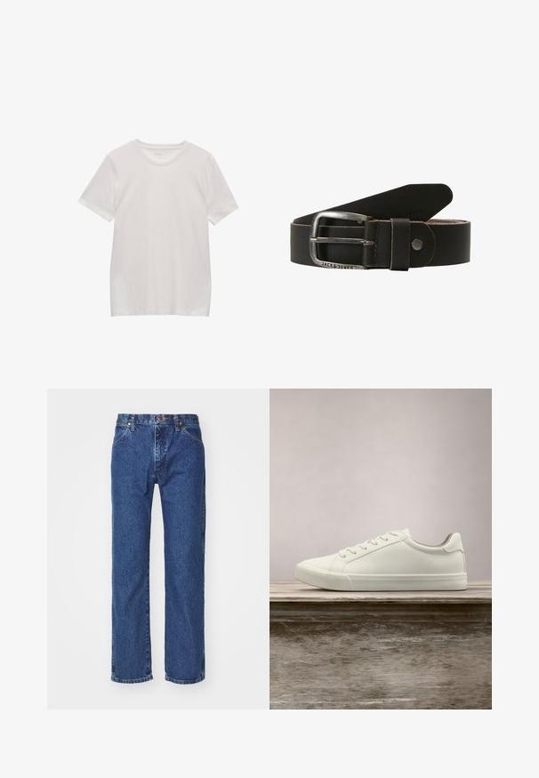 Hvid kortærmet bomulds-T-shirt med rund hals, vist fladt på en hvid baggrund.; Straight-leg blå denim jeans med frontknap, lynlås, bæltestropper og fem-lomme design på en ensfarvet hvid baggrund.; Hvide snørresneakers svævende over en træbænk med grønne planter i baggrunden, der fremhæver skodesign og tekstur.; Sort læderbælte med en sølvfarvet metalspænde, der har en glat tekstur og et enkelt prong-design. Mærke logo præsenteret nær spænder.