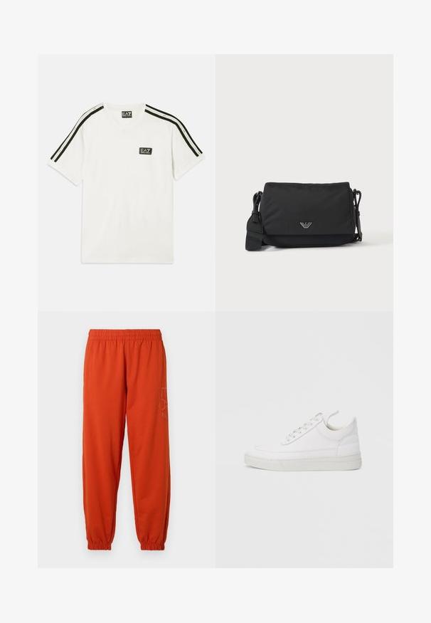 Witte katoenen t-shirt met een ronde halslijn, korte mouwen, zwarte accentstrepen op de schouders en een klein EA7-logo op de borst.; Oranje sweatpants met een elastische tailleband en boorden. Beschikt over een bedrukte logo aan de zijkant. Gemaakt van een zachte, gestructureerde stof.; Witte leren sneaker met een afgeronde neus, platte zool en veters aan de voorkant. Voorzien van stikseldetails en een gevoerde kraag voor comfort.; Zwarte crossbodytas met verstelbare band en klein zilverkleurig logo-embleem op de voorflap, afgebeeld op een effen lichte achtergrond.